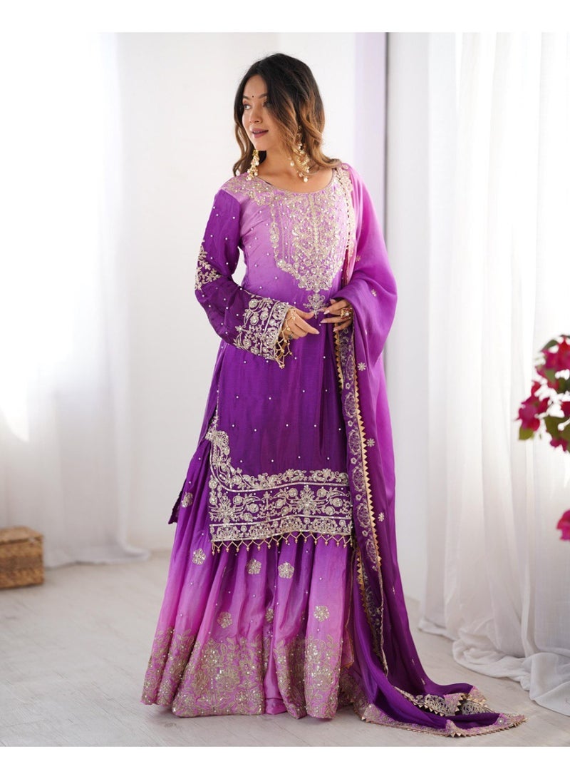 Super Asian Majestic Muse: Chinnon Silk Palazzo Set with Dual-Side Coding Dori & Rivet Moti Embroidery  - Image 4