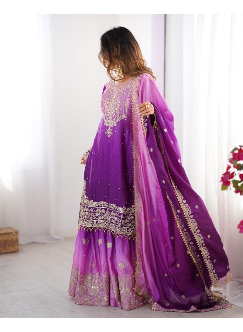 Super Asian Majestic Muse: Chinnon Silk Palazzo Set with Dual-Side Coding Dori & Rivet Moti Embroidery  - Image 2