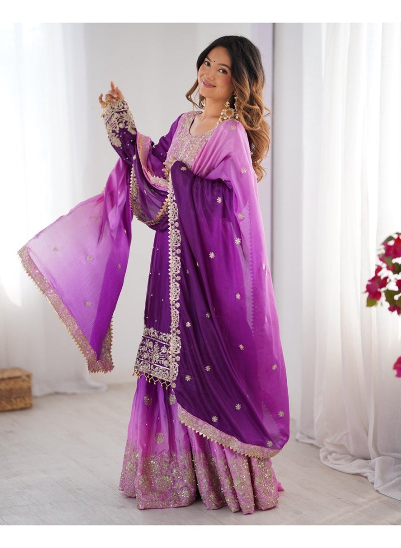 Super Asian Majestic Muse: Chinnon Silk Palazzo Set with Dual-Side Coding Dori & Rivet Moti Embroidery  - Image 1