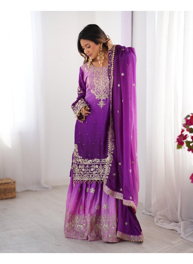 Super Asian Majestic Muse: Chinnon Silk Palazzo Set with Dual-Side Coding Dori & Rivet Moti Embroidery  - Image 3
