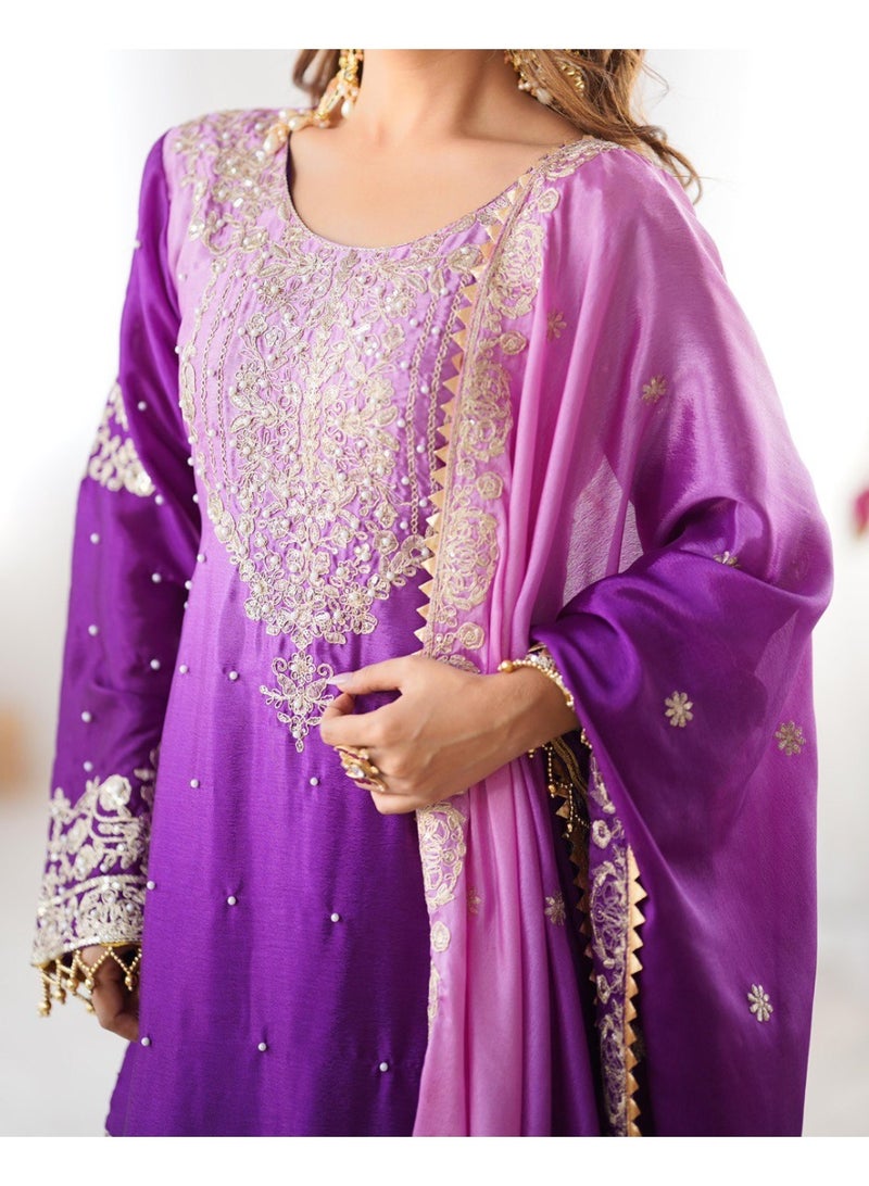 Super Asian Majestic Muse: Chinnon Silk Palazzo Set with Dual-Side Coding Dori & Rivet Moti Embroidery  - Image 5