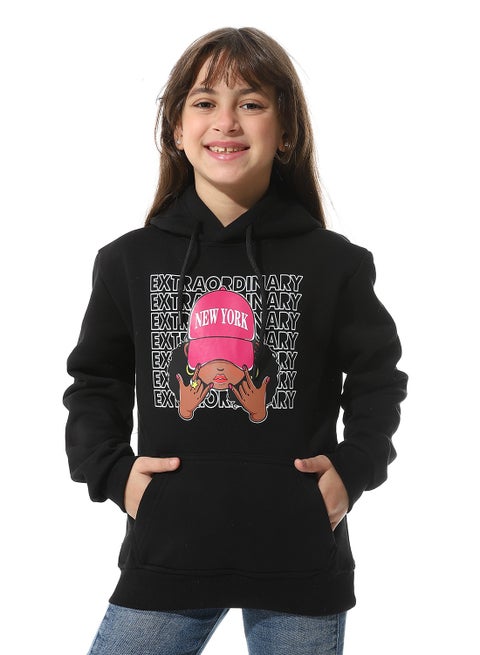 Printed Fleeced Girls Hoodie_Black