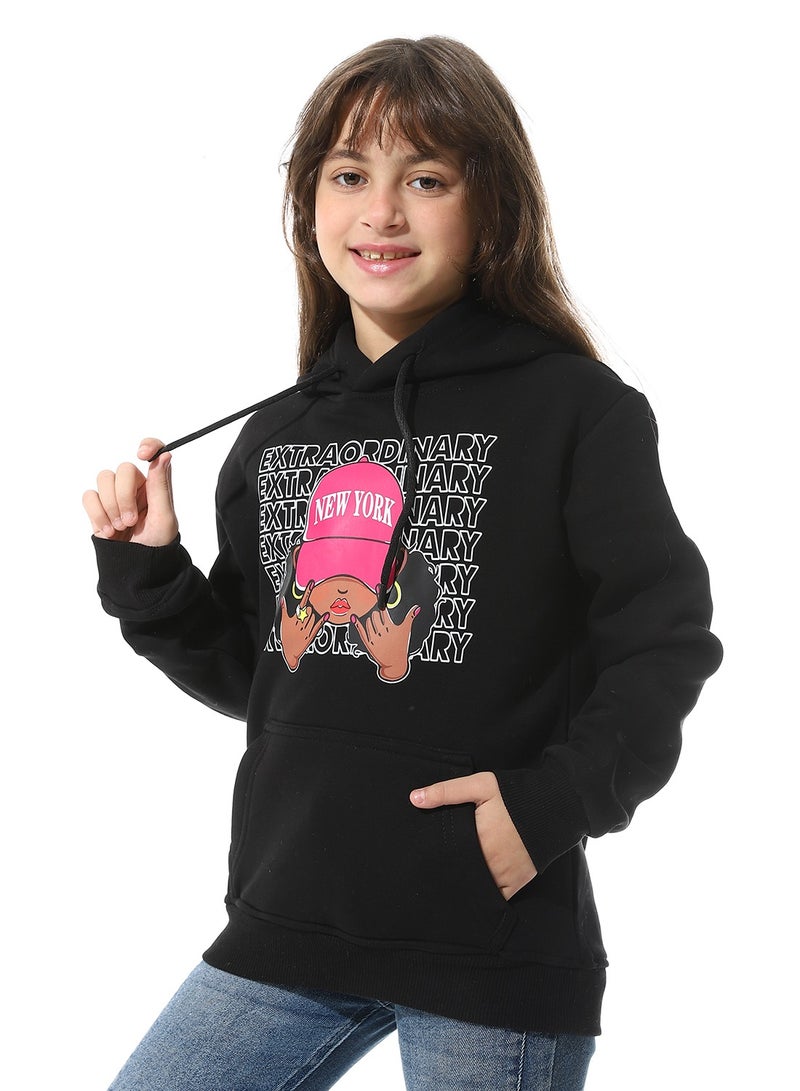 Andora Printed Fleeced Girls Hoodie_Black - Image 2