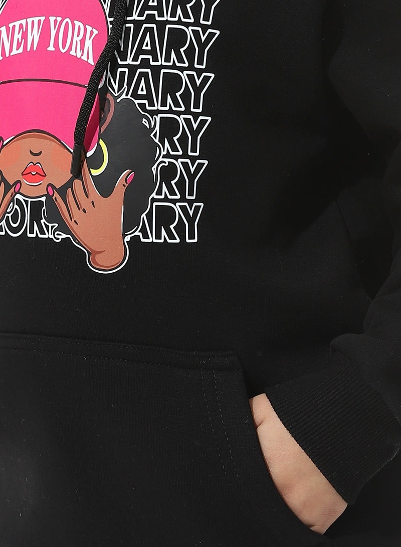 Andora Printed Fleeced Girls Hoodie_Black - Image 4