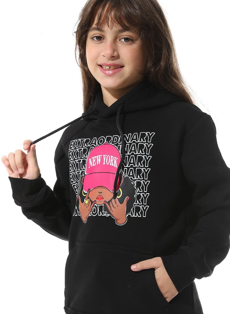 Andora Printed Fleeced Girls Hoodie_Black - Image 5