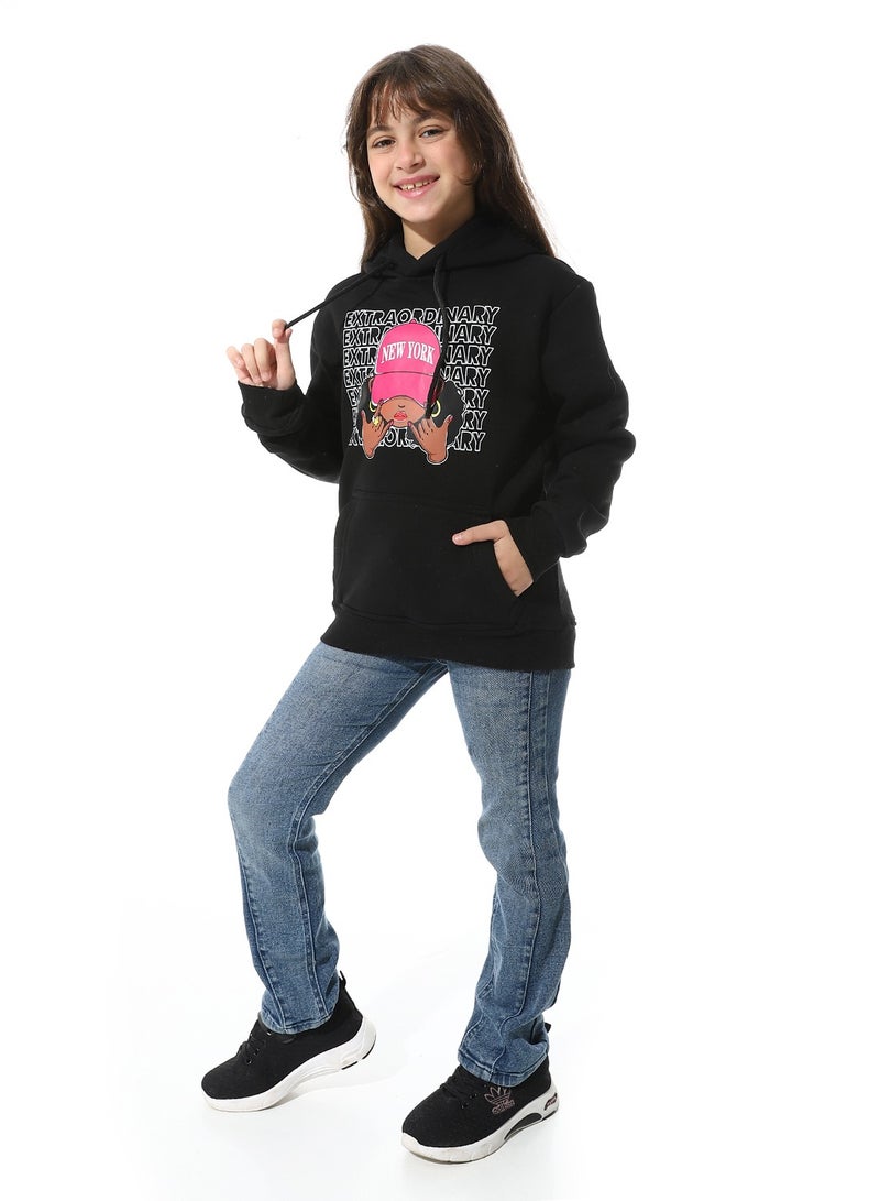 Printed Fleeced Girls Hoodie_Black