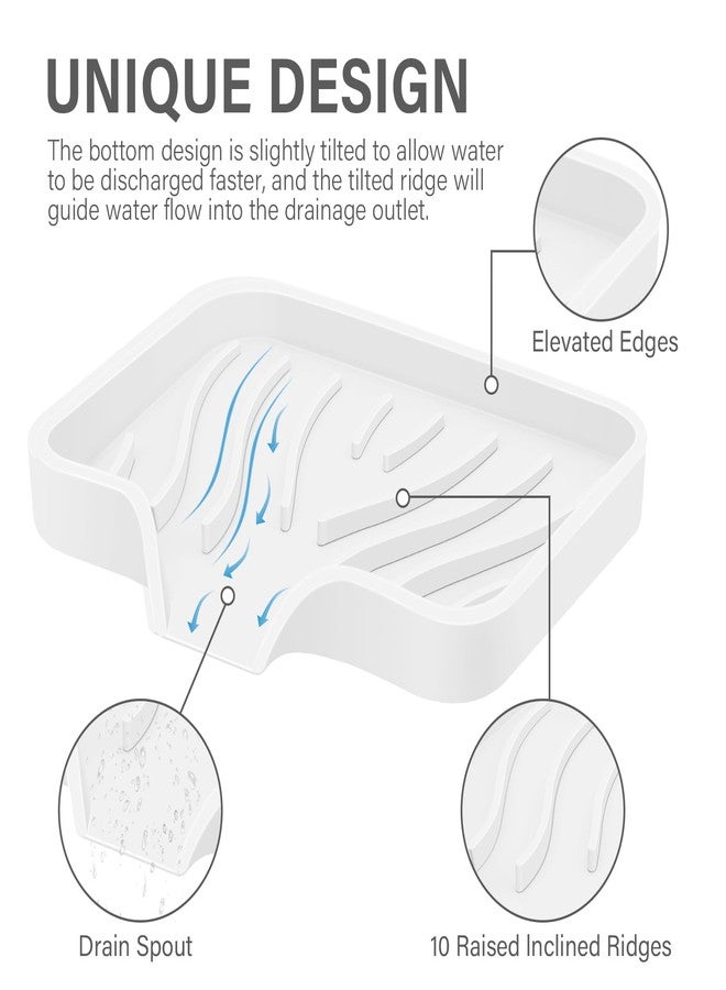 زيزن طبق صابون سيليكون مع تصريف، صينية صابون مطبخ SAISN للاستحمام، عبوة من قطعتين، طبق صابون ذاتي التصريف، حامل صابون ناعم للحمام لحوض المطبخ، حافظة صابون مرنة محمولة، لون أبيض - Image 2