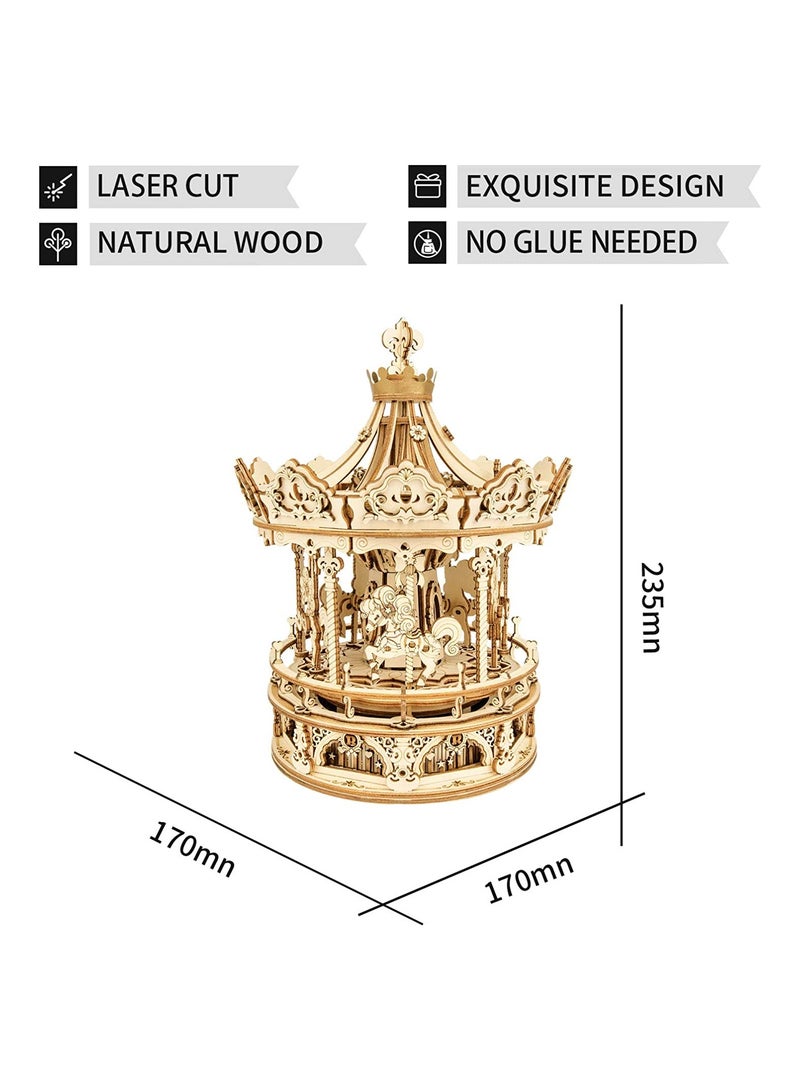 3D Wooden Puzzle Carousel Model Building Kits Rotating 5-Horses Music Box ideal Birthday Gift - Image 4