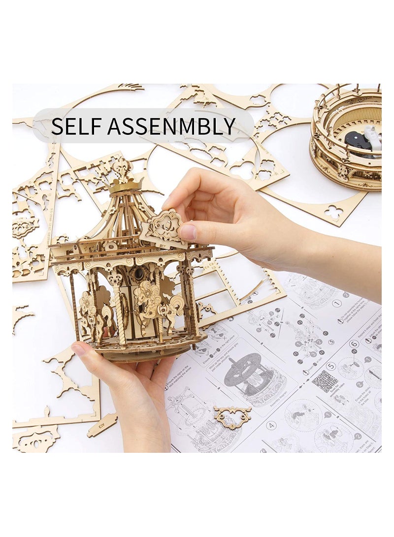 3D Wooden Puzzle Carousel Model Building Kits Rotating 5-Horses Music Box ideal Birthday Gift - Image 3