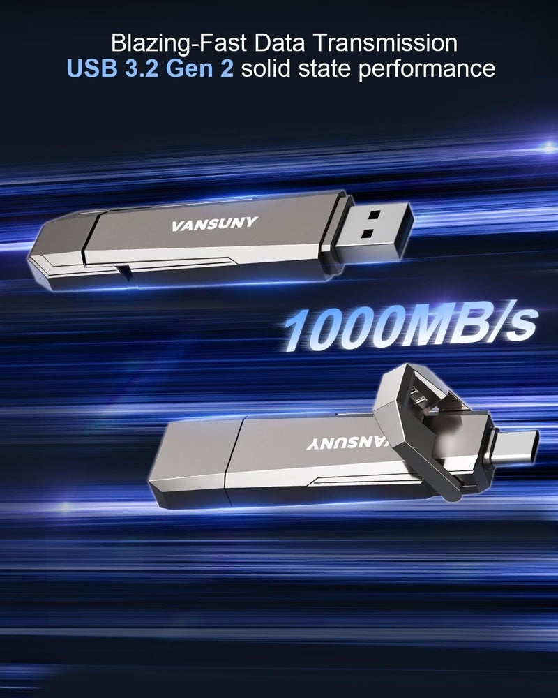 Vansuny 256GB USB Solid State Drive Up to 1000MB/s USB 3.2 Gen 2 Dual SSD USB A + Type C Portable External SSD for Android Phone Tablet Laptop MacBook PC - Image 3