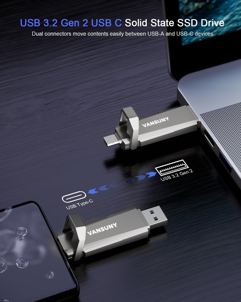 Vansuny 256GB USB Solid State Drive Up to 1000MB/s USB 3.2 Gen 2 Dual SSD USB A + Type C Portable External SSD for Android Phone Tablet Laptop MacBook PC - Image 2