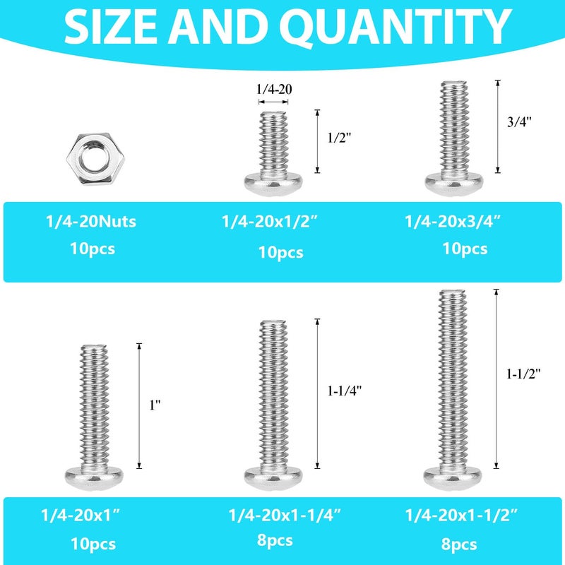 SpzcdZa 56 Pieces 1/4-20 x 1/2" 3/4" 1" 1-1/4" 1-1/2", Phillips Pan Head Machine Screws Bolts Nuts Kit, Coarse Thread, Fully Machine Threaded, 304 Stainless Steel - Image 2
