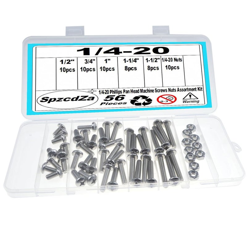 SpzcdZa 56 Pieces 1/4-20 x 1/2" 3/4" 1" 1-1/4" 1-1/2", Phillips Pan Head Machine Screws Bolts Nuts Kit, Coarse Thread, Fully Machine Threaded, 304 Stainless Steel - Image 1