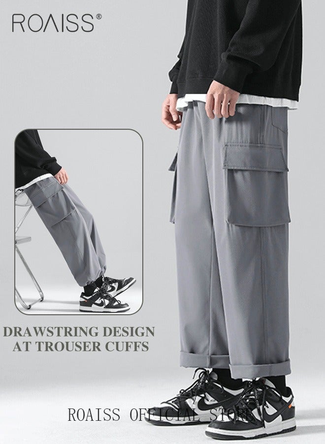 roaiss Men's Ankles-tied Loose Straight Cargo Pant Multi-Pocket Polyester Cargo Pants Wide Leg Pants - Image 4