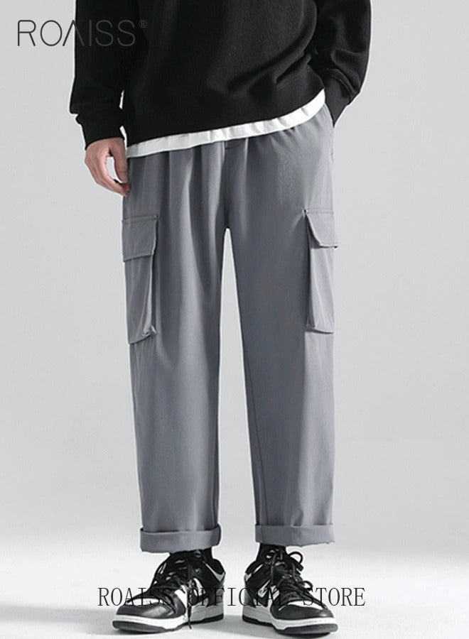 roaiss Men's Ankles-tied Loose Straight Cargo Pant Multi-Pocket Polyester Cargo Pants Wide Leg Pants - Image 1