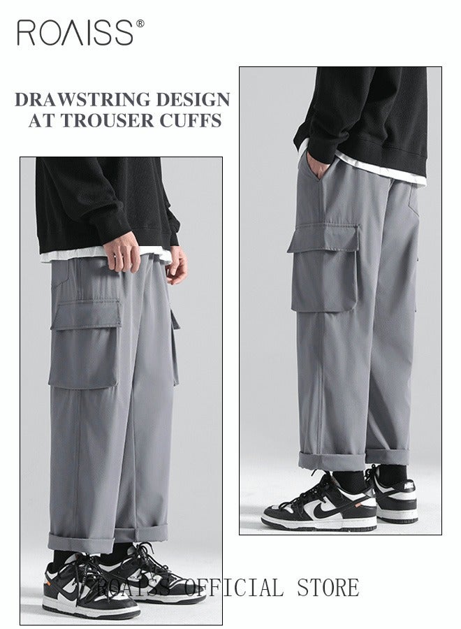 roaiss Men's Ankles-tied Loose Straight Cargo Pant Multi-Pocket Polyester Cargo Pants Wide Leg Pants - Image 2