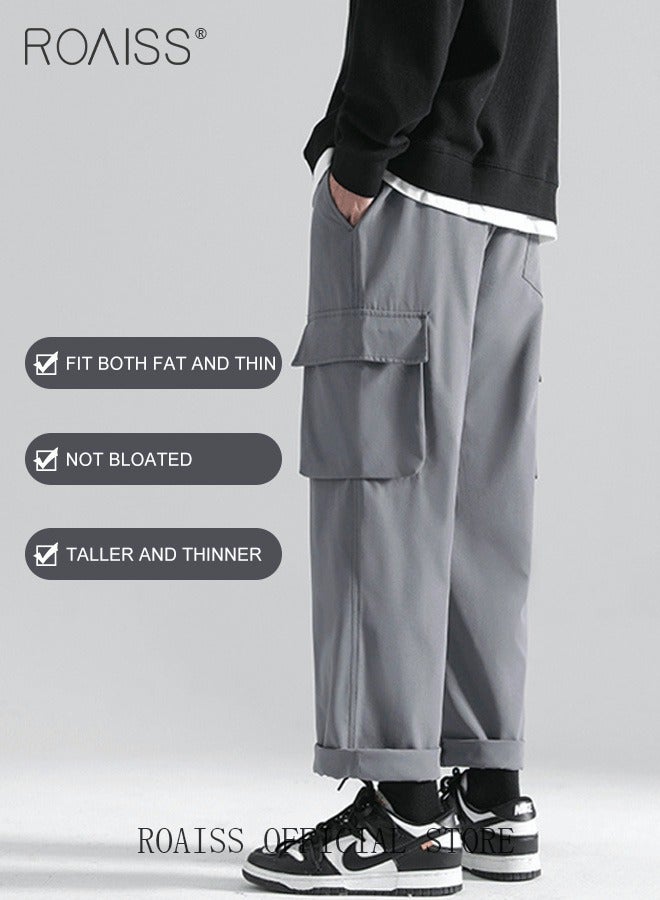 roaiss Men's Ankles-tied Loose Straight Cargo Pant Multi-Pocket Polyester Cargo Pants Wide Leg Pants - Image 3