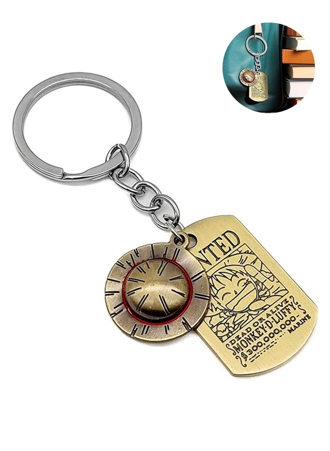 سلسلة مفاتيح ون بيس، لوفي مطلي بالذهب الفاخر، قطعة تذكارية من ون بيس مع قبعة من القش وبطاقة مطلوب - Image 1