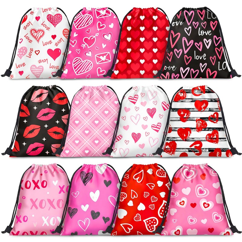 Bafeil 12 Pcs Valentines Day Drawstring Bags Bulk Reusable Heart Gift Goodie Treat Bags Backpack for School Wedding Holiday Valentine's Party Favors Decoration - Image 1