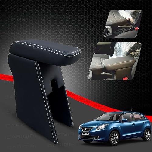 Carigiri Premium Finish Car Armrest for Maruti Suzuki Baleno,Baleno RS,New Baleno with High Density Moulded Foam And Storage Compartment(Models-2015-2024) (Black With White Double Stitching) - Image 1