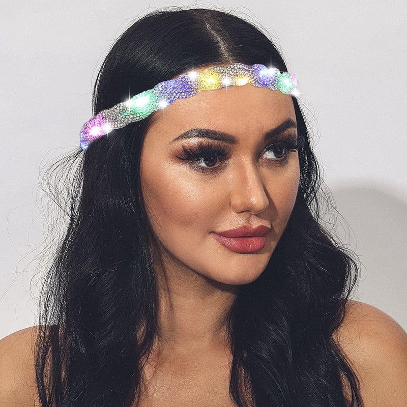 Light Up Rhinestone Headbands Led Glowing Hair Band Crystal Forehead Head Chain Sparkly Rave Party Costume Hair Accessories for Women and Girls Sliver