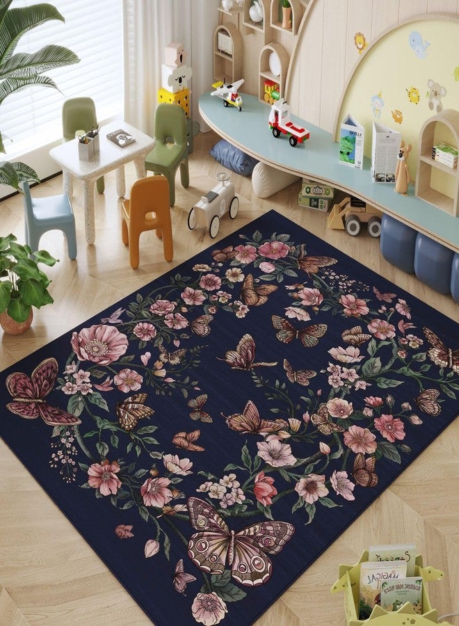 Rugcomf Runner Rug for Kitchen Rug Non Slip 2'6''x8' Rugs with Rubber Backing Soft Floral Butterfly Carpet for Kitchen Laundry Bedroom Bathroom, Night Blue - Image 5