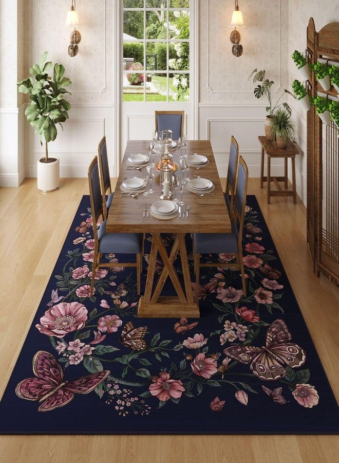 Rugcomf Runner Rug for Kitchen Rug Non Slip 2'6''x8' Rugs with Rubber Backing Soft Floral Butterfly Carpet for Kitchen Laundry Bedroom Bathroom, Night Blue - Image 3