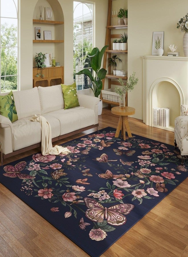 Rugcomf Runner Rug for Kitchen Rug Non Slip 2'6''x8' Rugs with Rubber Backing Soft Floral Butterfly Carpet for Kitchen Laundry Bedroom Bathroom, Night Blue - Image 2