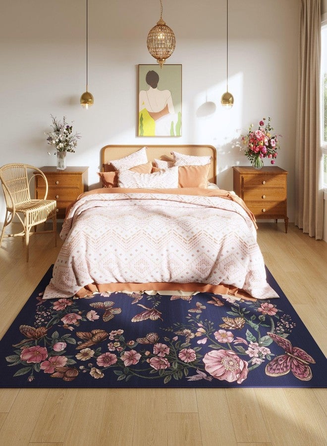 Rugcomf Runner Rug for Kitchen Rug Non Slip 2'6''x8' Rugs with Rubber Backing Soft Floral Butterfly Carpet for Kitchen Laundry Bedroom Bathroom, Night Blue - Image 4