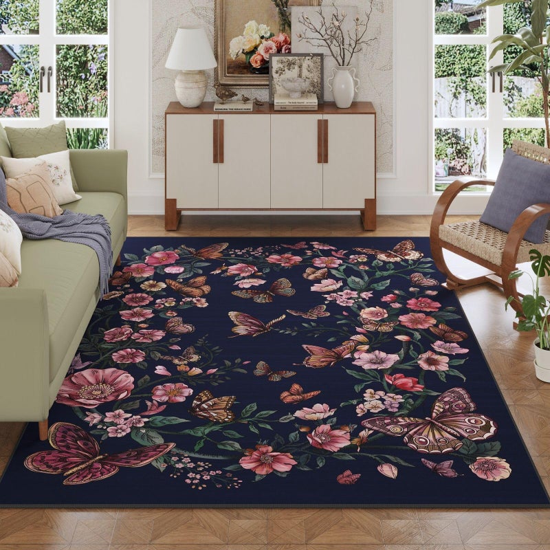Rugcomf Runner Rug for Kitchen Rug Non Slip 2'6''x8' Rugs with Rubber Backing Soft Floral Butterfly Carpet for Kitchen Laundry Bedroom Bathroom, Night Blue - Image 1