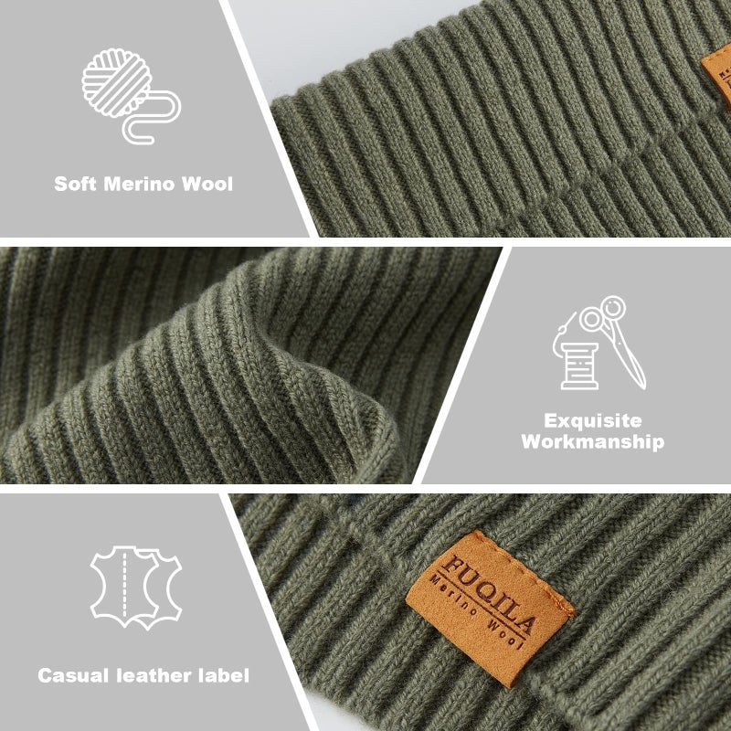 FUQILA 100% Merino Wool Cuff Beanie Hat, Unisex Warm Winter Caps Soft, Breathable & Cozy Stretchy Knitted Cuffed Cap (Absinthe Green) - Image 4