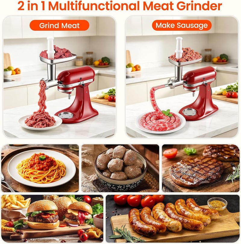 KINGEAGLE Stainless Steel Food Grinder Attachment for KitchenAid Stand Mixer, Durable Meat Grinder, Includes 3 Grinding Plates, 3 Sausage Stuffer Tubes, 2 Grinding Blades, Dishwasher Safe - Image 5