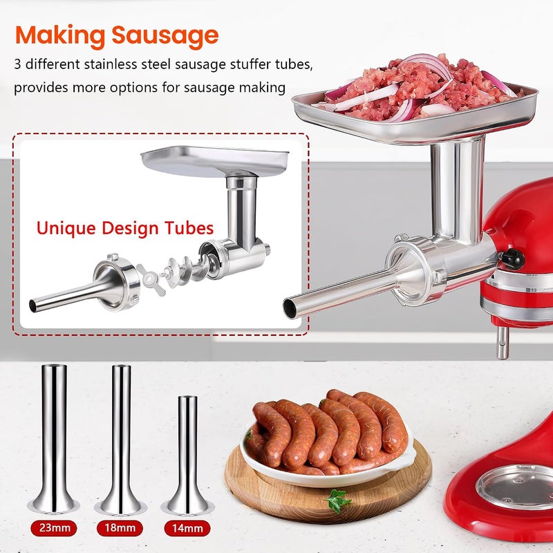 KINGEAGLE Stainless Steel Food Grinder Attachment for KitchenAid Stand Mixer, Durable Meat Grinder, Includes 3 Grinding Plates, 3 Sausage Stuffer Tubes, 2 Grinding Blades, Dishwasher Safe - Image 2