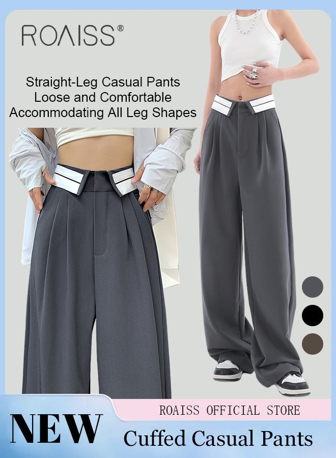 رويس بدلة نسائية بناطيل كاجوال واسعة الساق مع تصميم فضفاض بحاشية واسعة للحصول على مظهر نحيف بنطال مستقيم الساق يناسب جميع أنواع الجسم مناسب للعمل والمدرسة - Image 1