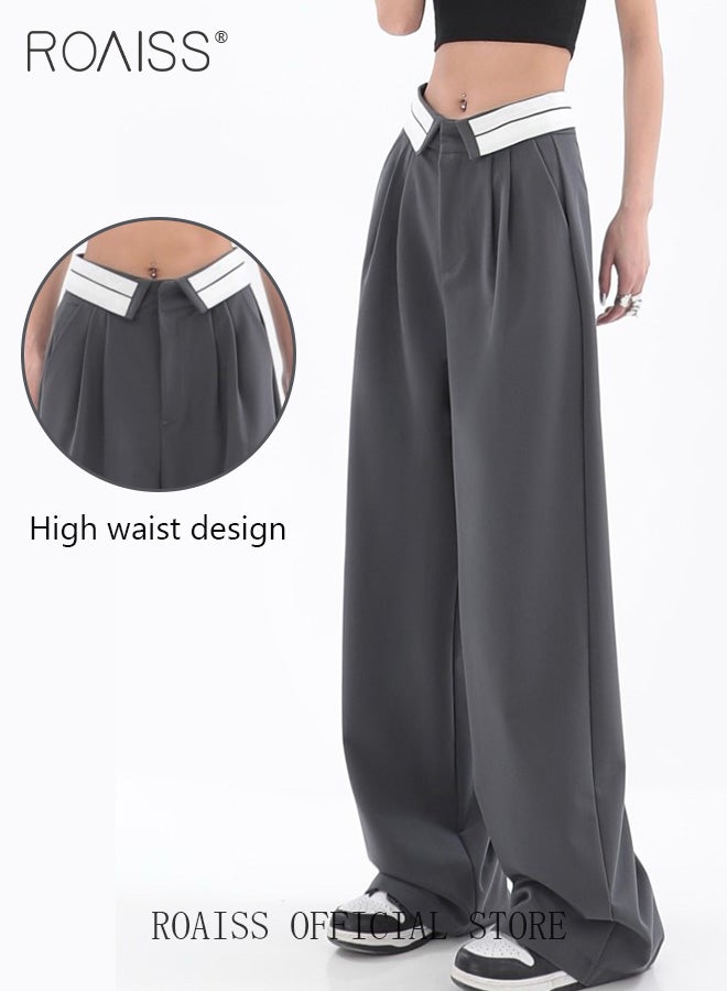 رويس بدلة نسائية بناطيل كاجوال واسعة الساق مع تصميم فضفاض بحاشية واسعة للحصول على مظهر نحيف بنطال مستقيم الساق يناسب جميع أنواع الجسم مناسب للعمل والمدرسة - Image 3