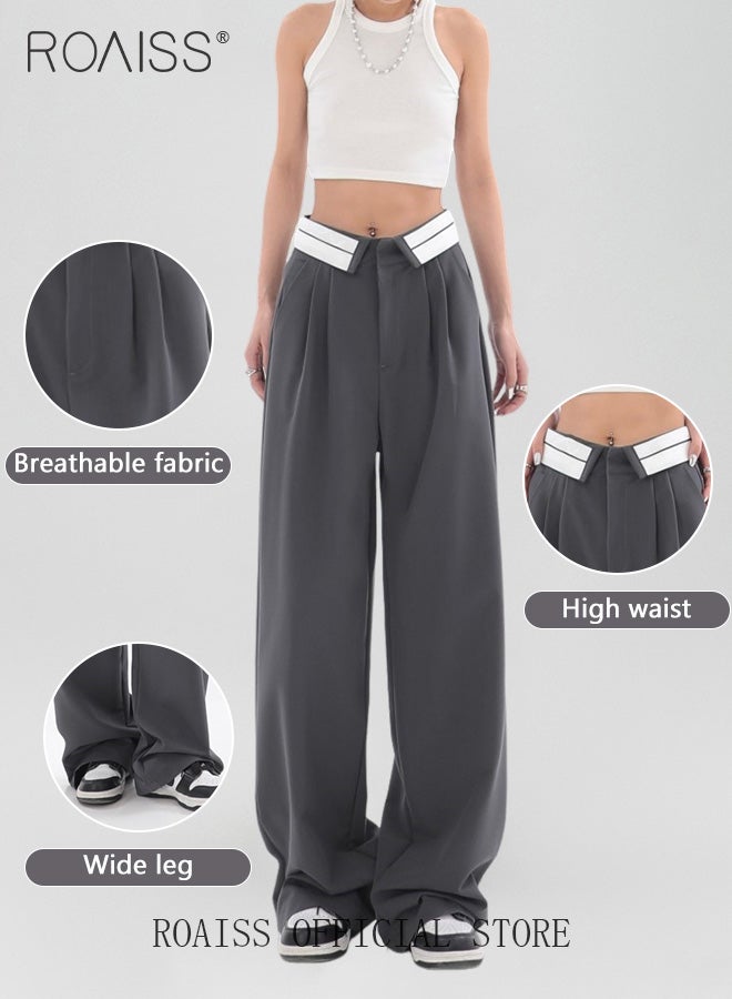 رويس بدلة نسائية بناطيل كاجوال واسعة الساق مع تصميم فضفاض بحاشية واسعة للحصول على مظهر نحيف بنطال مستقيم الساق يناسب جميع أنواع الجسم مناسب للعمل والمدرسة - Image 4