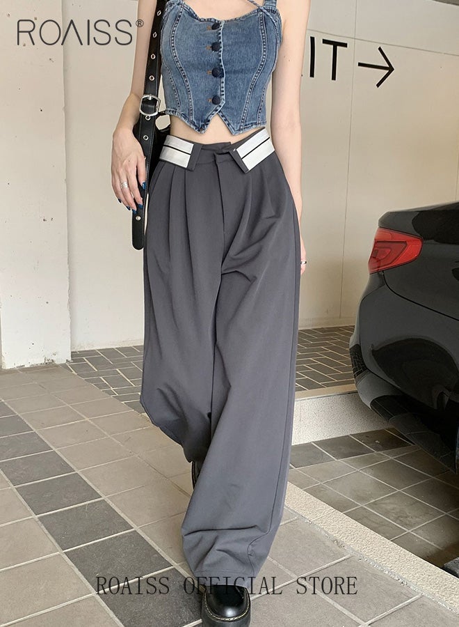 رويس بدلة نسائية بناطيل كاجوال واسعة الساق مع تصميم فضفاض بحاشية واسعة للحصول على مظهر نحيف بنطال مستقيم الساق يناسب جميع أنواع الجسم مناسب للعمل والمدرسة - Image 2