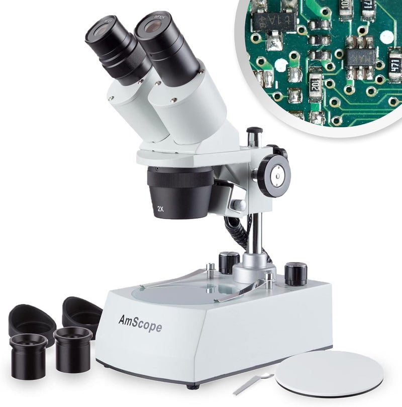 AmScope AmScope SE306RPZLED ForwardMounted Binocular Stereo Microscope WF10x and WF20x Eyepieces 20X40X80X Magnification 2X and 4X Objectives Upper and Lower LED Lighting Reversible BlackWhite Stage Plate Pillar Stand 120V or BatteryPowered  - Image 1