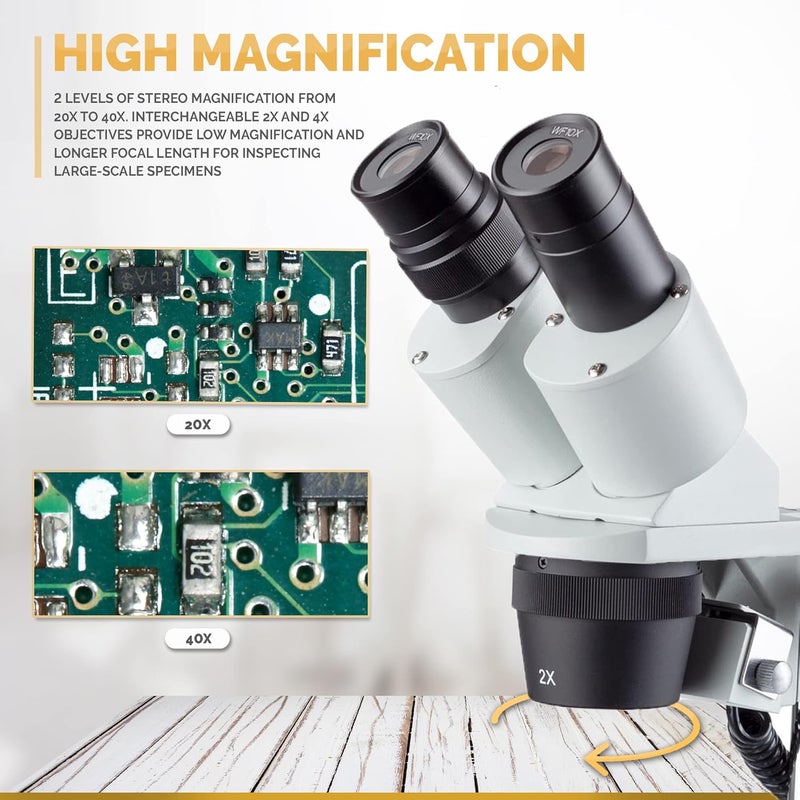 AmScope AmScope SE306RPZLED ForwardMounted Binocular Stereo Microscope WF10x and WF20x Eyepieces 20X40X80X Magnification 2X and 4X Objectives Upper and Lower LED Lighting Reversible BlackWhite Stage Plate Pillar Stand 120V or BatteryPowered  - Image 4
