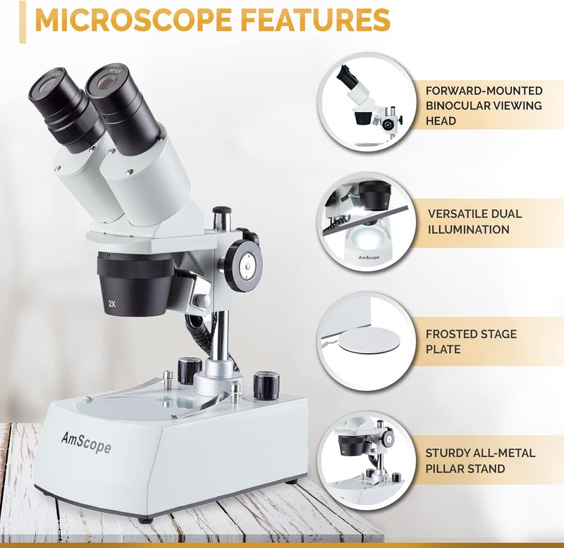 AmScope AmScope SE306RPZLED ForwardMounted Binocular Stereo Microscope WF10x and WF20x Eyepieces 20X40X80X Magnification 2X and 4X Objectives Upper and Lower LED Lighting Reversible BlackWhite Stage Plate Pillar Stand 120V or BatteryPowered  - Image 3