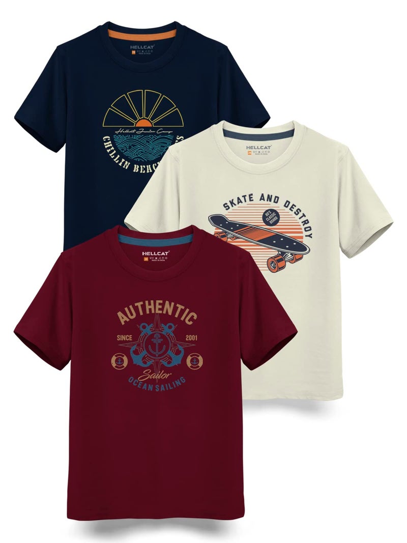 HELLCAT Trendy Typographic Printed Cotton Blend Half Sleeve Regular Fit T-Shirt for Boys - Pack of 3 / Burgundy & Beige & Navy Blue / 3-4 Years - Image 1