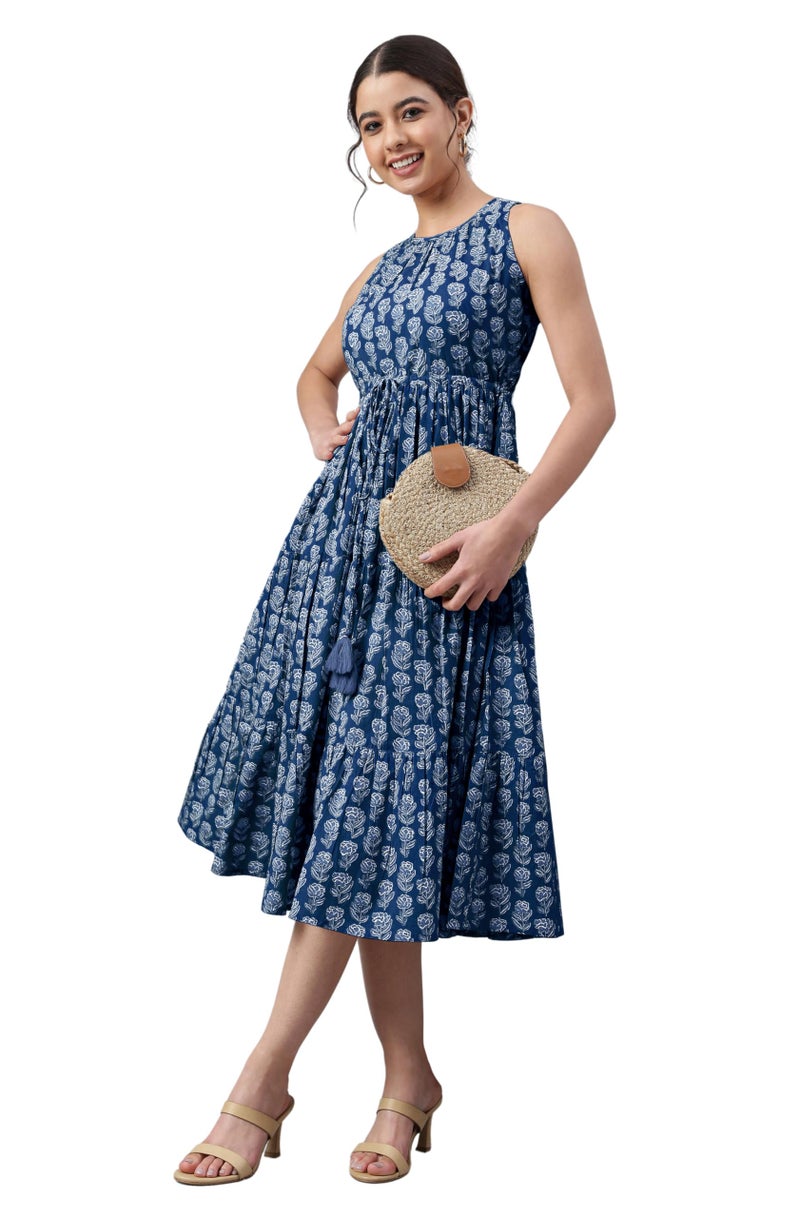 Janasya Women's Indigo Pure Cotton Floral Printed Tiered Dress (JAC24DR01521-S) - Image 1