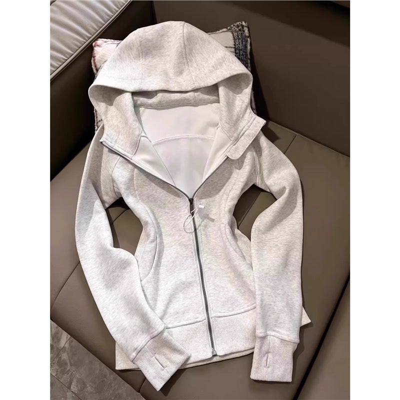 Spring and Autumn New Style Womens Sweatshirt Jacket with a Regular Shoulder and Waist-Cinching Design, 2025 Hooded Top in American-Style Gray, Slim Fit for Early Spring Grey