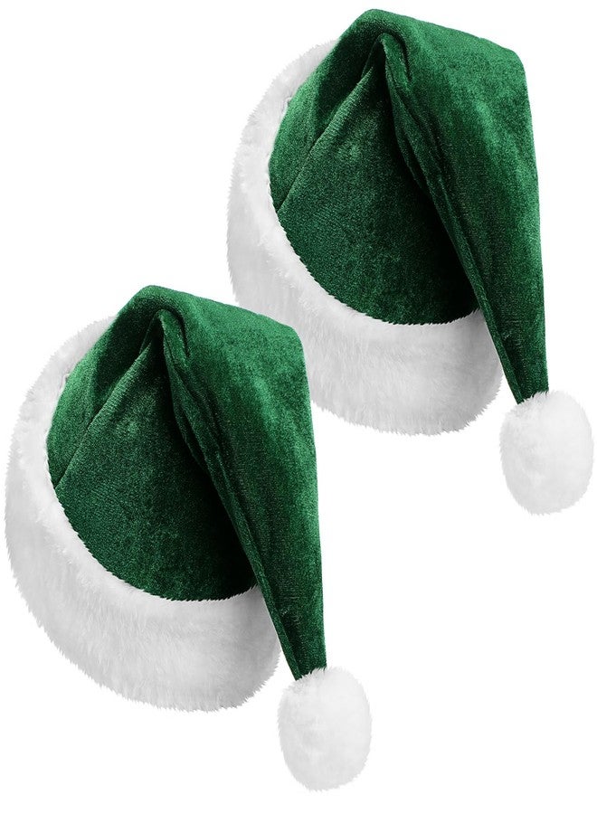 Funnysoft Dark Green 2 Pcs Santa Hat Adults Unisex Velvet Christmas Hat Extra Thicken Classic Plush Holiday Hats for Adult Xmas Supplies (Short Style) - Image 1