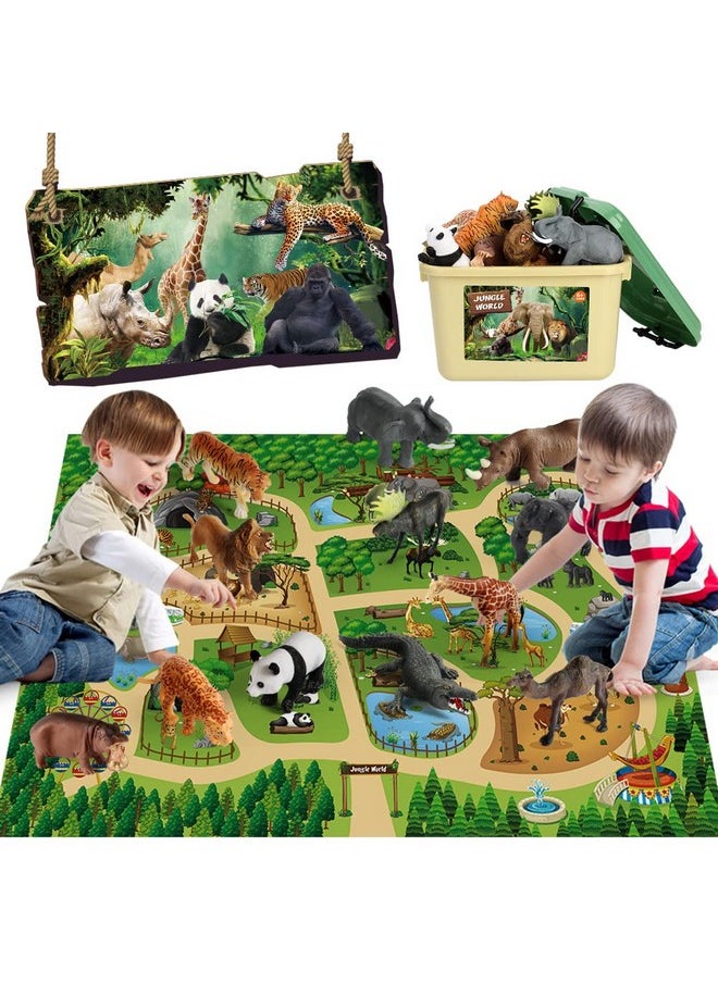 Mini Tudou - 12 Pcs Safari Animals Figures Toys W/ 57X38.6’’ Large Activity Play Mat Realistic Jumbo Jungle Wild Zoo Animals Figurines Playset W/Elephant Giraffe Lion For Kids Boys - Image 1