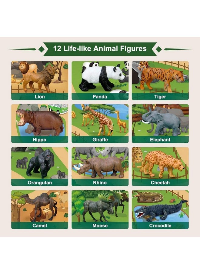Mini Tudou - 12 Pcs Safari Animals Figures Toys W/ 57X38.6’’ Large Activity Play Mat Realistic Jumbo Jungle Wild Zoo Animals Figurines Playset W/Elephant Giraffe Lion For Kids Boys - Image 1