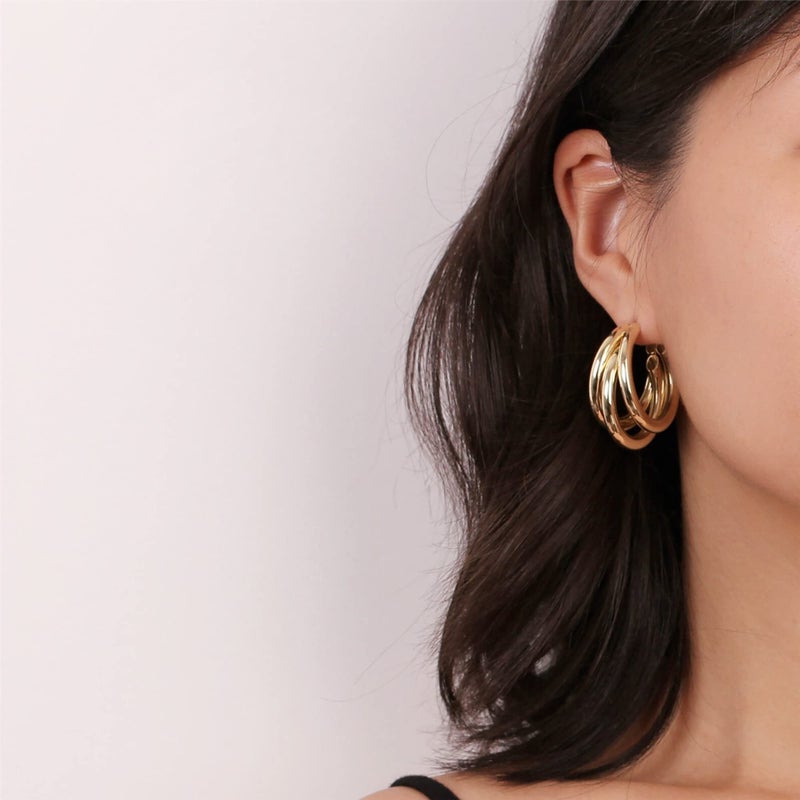 Tewiky Gold Plated Triple Hoop Earrings, Hypoallergenic Chunky Gold Hoops, Thick Gold Hoops, Dainty Trendy Women's Jewelry - Image 2