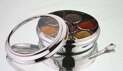 Taluka Stainless Steel Masala BoxContainer with Glass Lid 7 Compartments Spoon 9 X 35 Inch Silver - Image 1