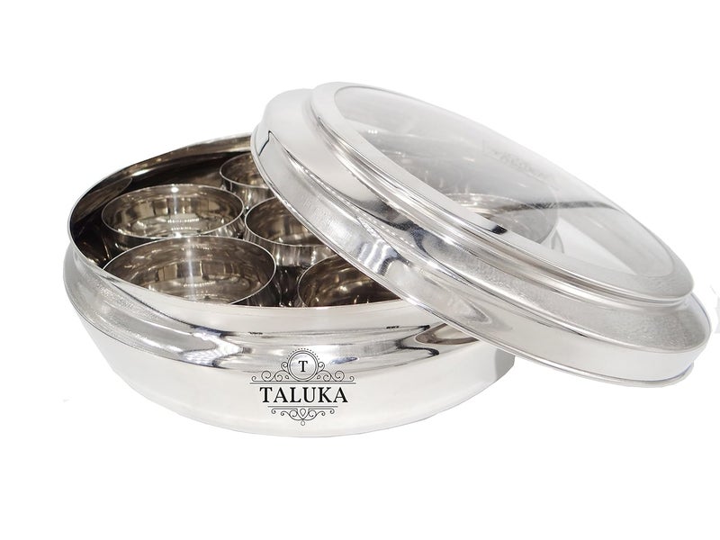 Taluka Stainless Steel Masala BoxContainer with Glass Lid 7 Compartments Spoon 9 X 35 Inch Silver - Image 5