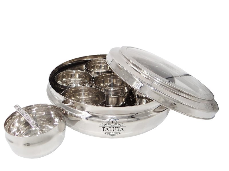 Taluka Stainless Steel Masala BoxContainer with Glass Lid 7 Compartments Spoon 9 X 35 Inch Silver - Image 3